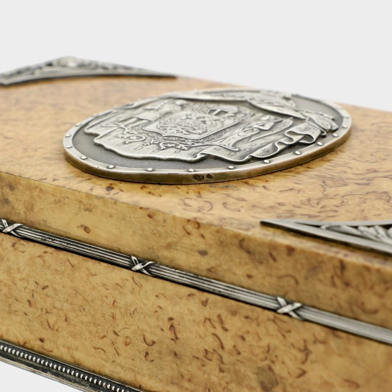 hallmarks on lid of Faberge cigar box with silver decorations made by Anders Nevalainen