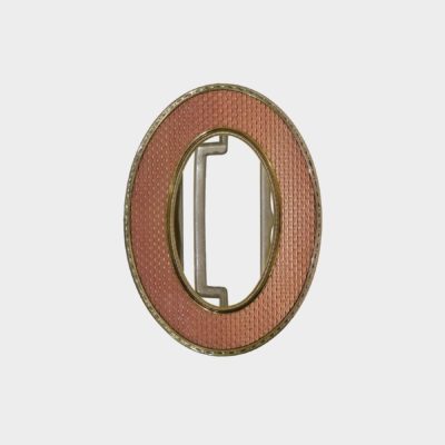 Faberge belt buckle by Henrik Wigstrom enameled in salmon pink guilloche enamel within gold chased borders