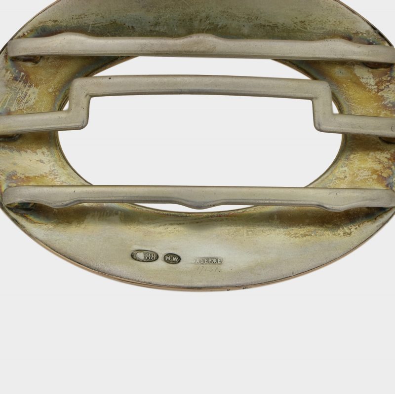 Close-up of hallmarks on Faberge belt buckle made by Henrik Wigstrom