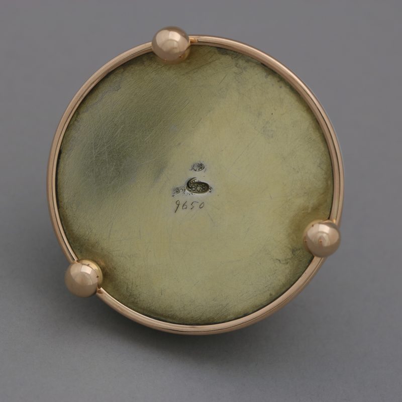 Hallmarks on the bottom of Faberge gold-mounted enamel gum pot by Henrik Wigstrom