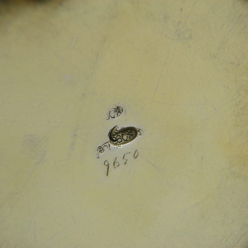 Close-up of Henrik Wigstrom hallmarks and scratched inventory number 9650