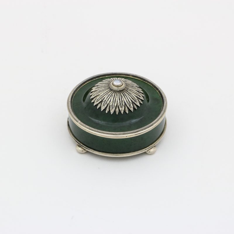 Faberge bell push by Johan Victor Aarne of circular shape with silver decorations on top