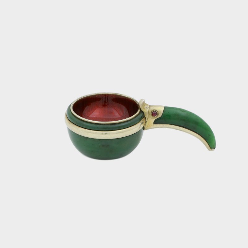 Faberge hardstone kovsh by Anders Nevalainen with handle formed as toucan's head with ruby eyes and guilloche enamel inside