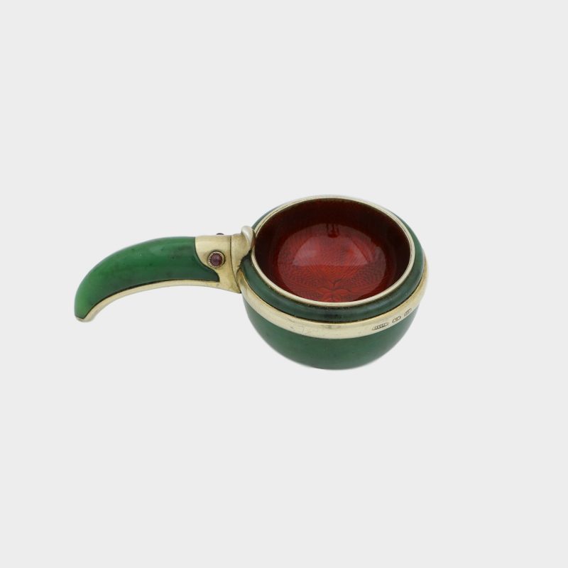 hardstone kovsh by Anders Nevalainen with handle formed as toucan's head with ruby eyes and guilloche enamel interior