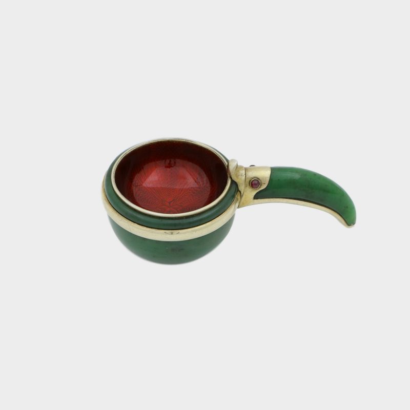 Faberge hardstone kovsh by Anders Nevalainen with handle formed as toucan's head with ruby eyes and guilloche enamel inside