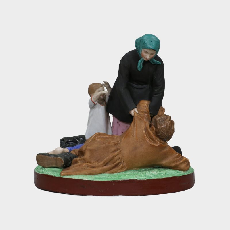 Gardner porcelain group modeled as drunken man lying on ground and his wife with kid next to her trying to pick him up