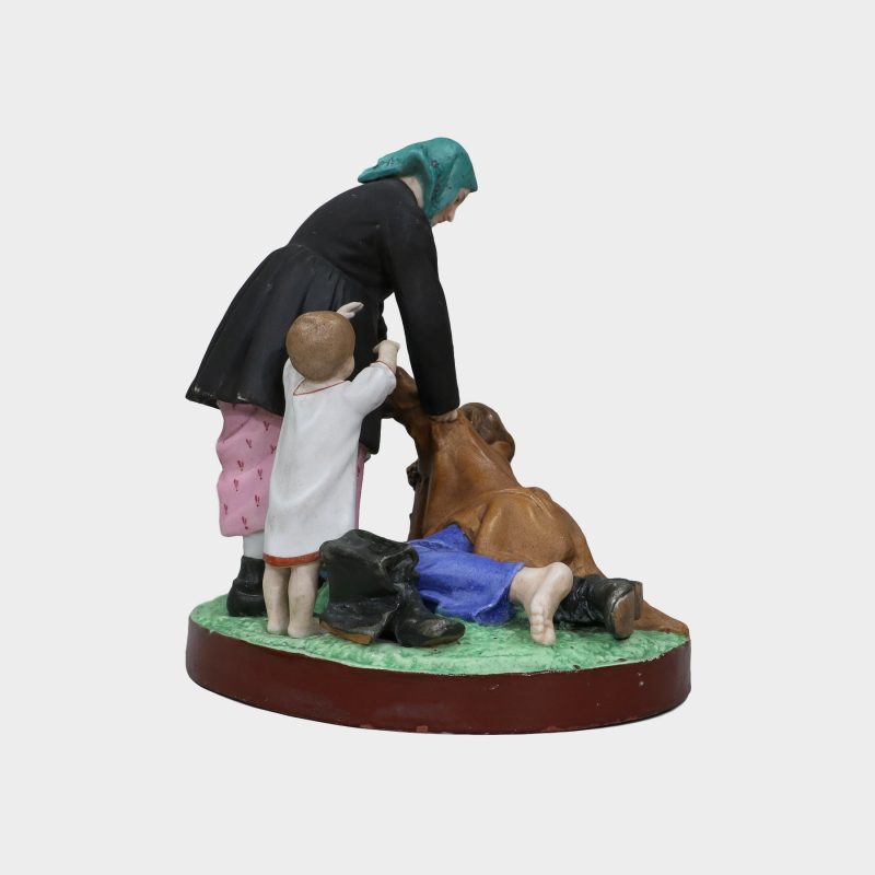 Gardner porcelain group modeled as drunken man lying on ground and his wife with kid next to her trying to pick him up