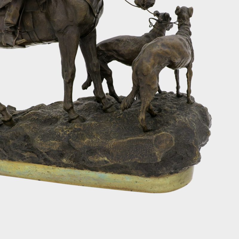 view on signature and stamp on Russian bronze by Vasili Grachev of hunter on horseback smoking a pipe with two greyhounds