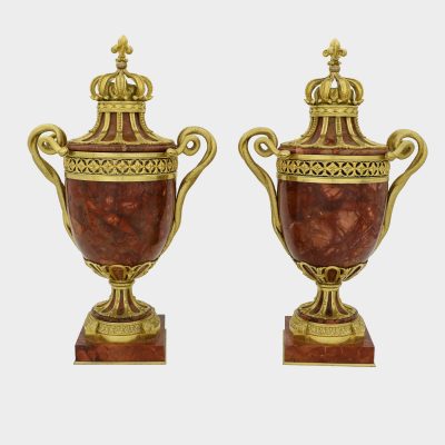 Pair of antique gilt-bronze mounted marble vases, handles shaped as snakes with detachable covers