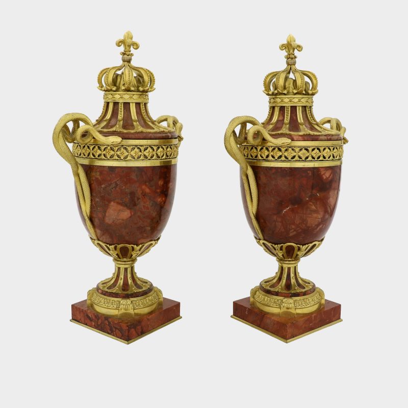 Pair of antique gilt-bronze mounted marble vases, handles shaped as snakes with detachable covers