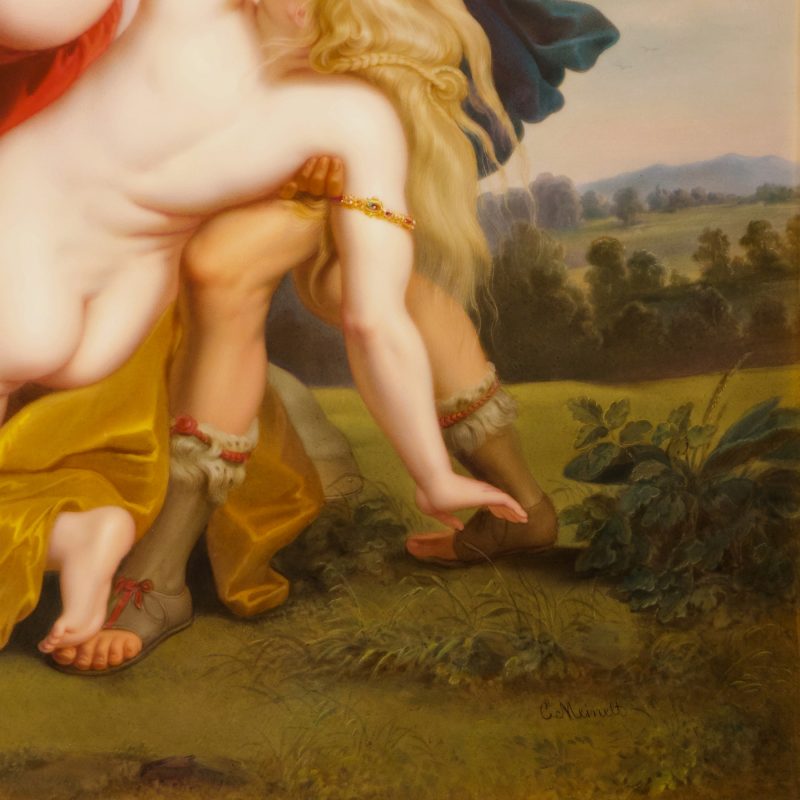 signature on KPM porcelain plaque by Carl Meinelt after painting by Murillo depicting abduction of daughters of King Leucippus