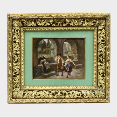 KPM porcelain plaque signed L. Scherf depicting seated drowsing monk and two kids carrying basket