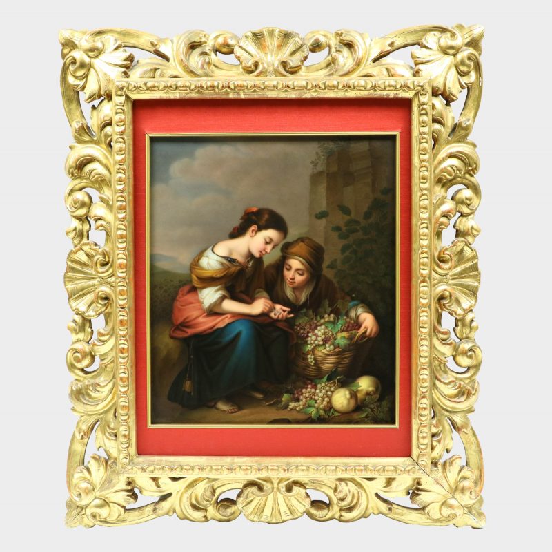 KPM porcelain plaque signed Langhamer after painting by Murillo depicting boy with basket and girl counting money