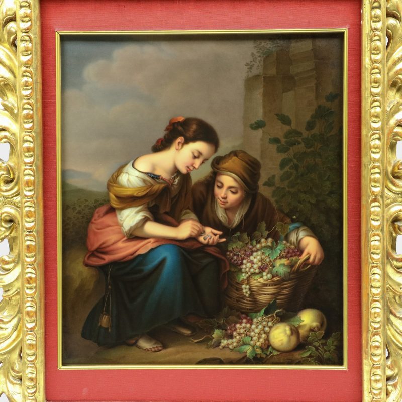 KPM porcelain plaque signed Langhamer after painting by Murillo depicting boy with basket and girl counting money