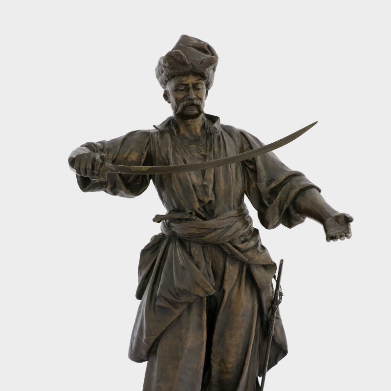 close-up of Lewandowski bronze figure of Zaporozhian cossack by J.C. Hernick as standing cossack holding sword