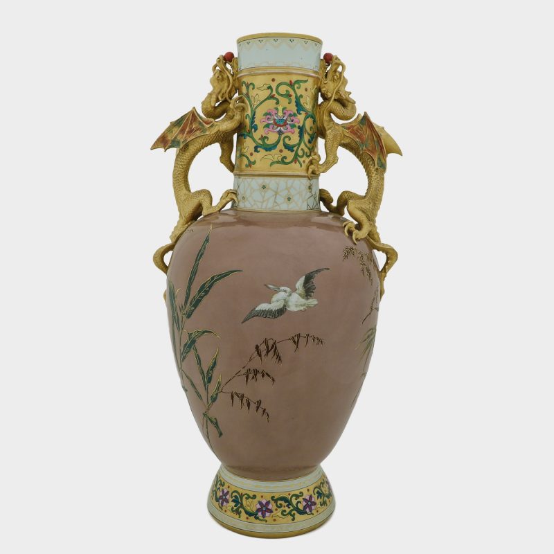 vase in Japanese style with gilded handles formed as winged dragons holding fire pearls in their mouths