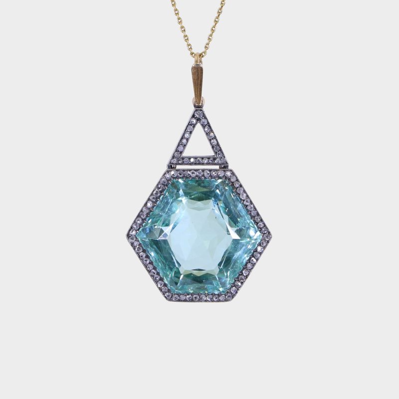 Russian aquamarine pendant, hexagonal aquamarine within diamond set mount with triangular diamond-set suspension ring