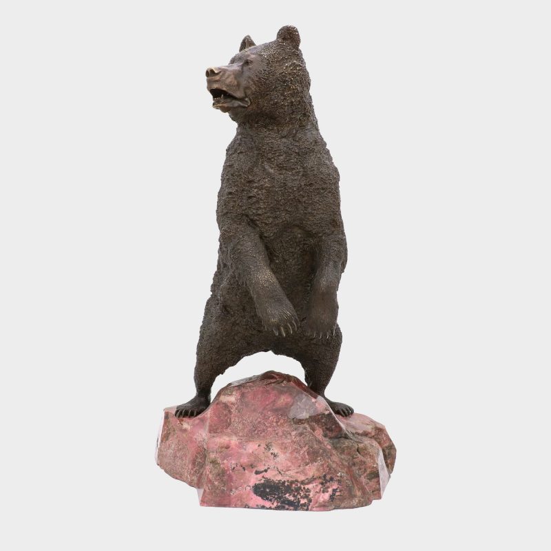Russian bronze sculpture by Nikolai Lieberich cast as standing bear on rhodonite base, dark brown patina