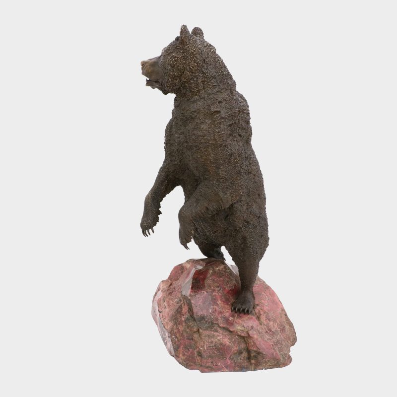 Russian bronze sculpture by Nikolai Lieberich cast as standing bear on rhodonite base, dark brown patina
