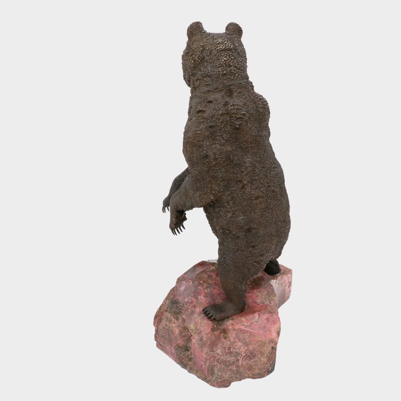 Russian sculpture by Nikolai cast as standing bear on rhodonite base, dark brown patina