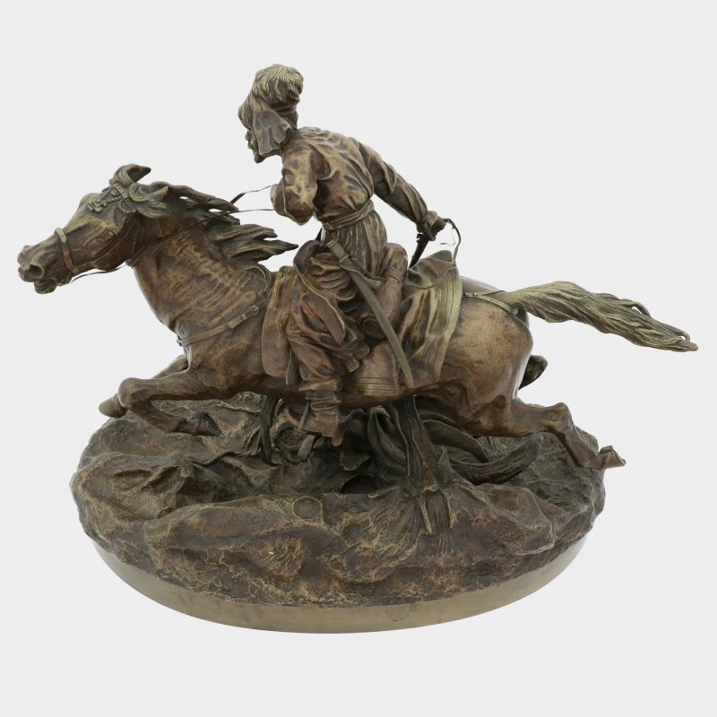 sculpture cast as cossack wielding pistol on galloping horse