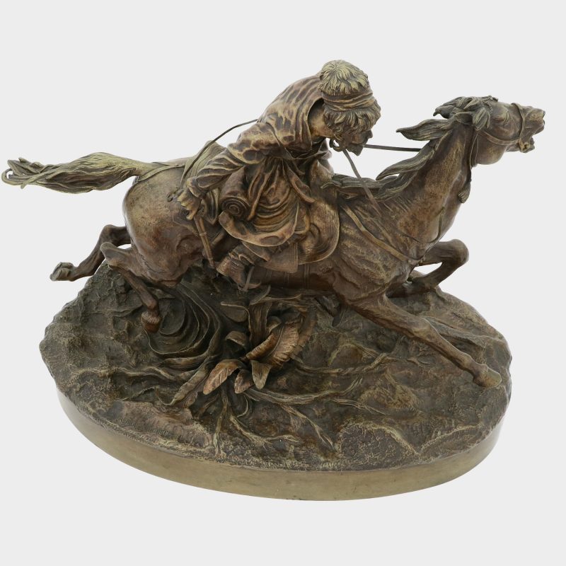 Russian bronze by Vasili Grachev cast as cossack wielding pistol on galloping horse