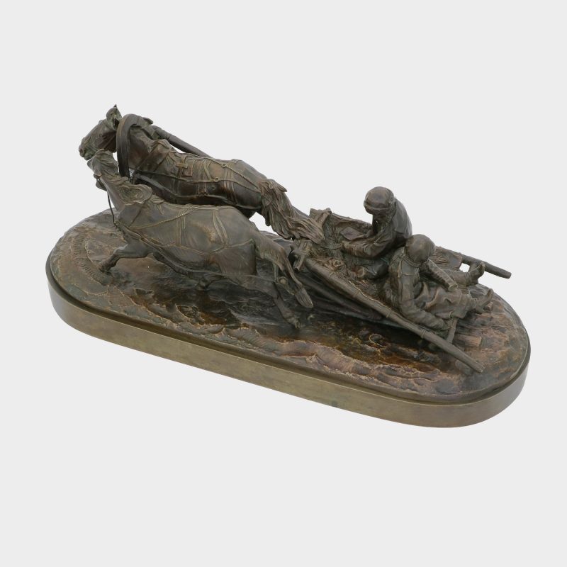 Russian bronze by Evgeny Lansere cast as man and woman bundled up for winter riding on sled pulled by two horses