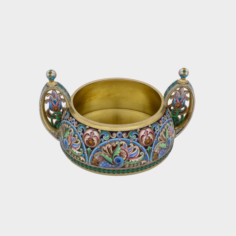 Russian enamel bowl by Orest Kurliukov, silver-gilt, enameled in varicolored cloisonne enamel with two handles