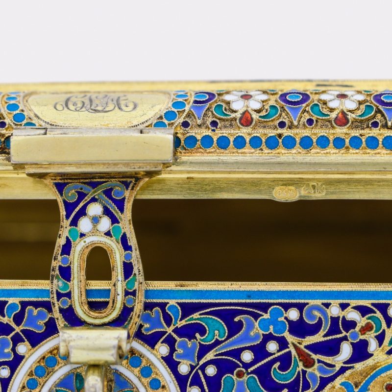 close-up of hallmarks on lid of Russian enamel box by Antip Kuzmichev, made for Tiffany, varicolored cloisonne enamel