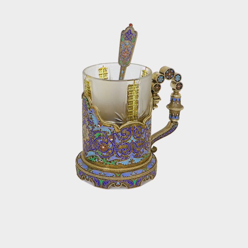 Russian enamel glass holder by Grachev, silver-gilt and cloisonne enamel with original silver-gilt enamel spoon