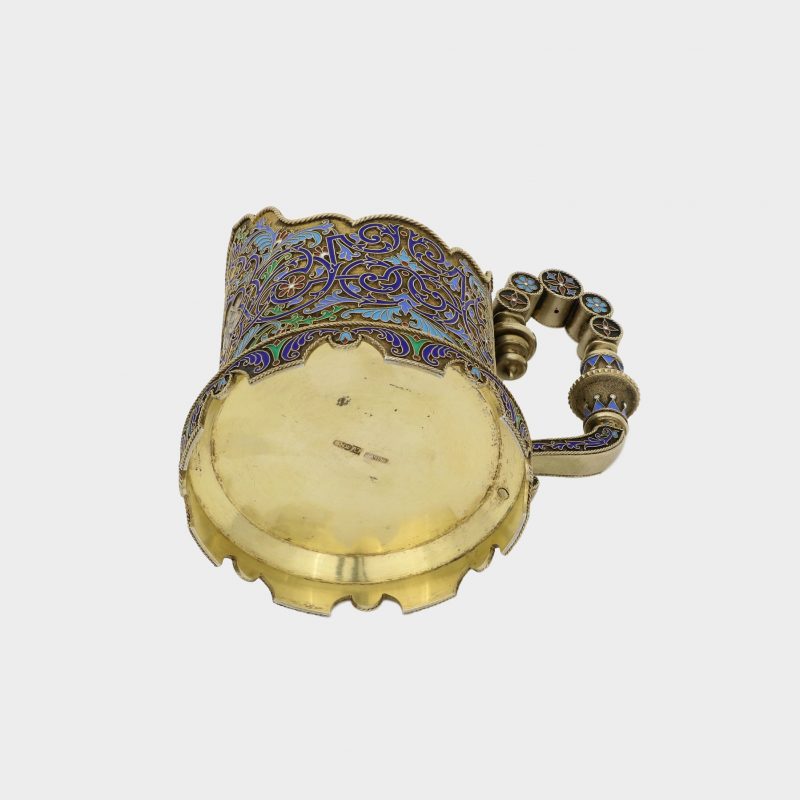 Russian enamel glass holder by Grachev, silver-gilt and cloisonne enamel with original silver-gilt enamel spoon