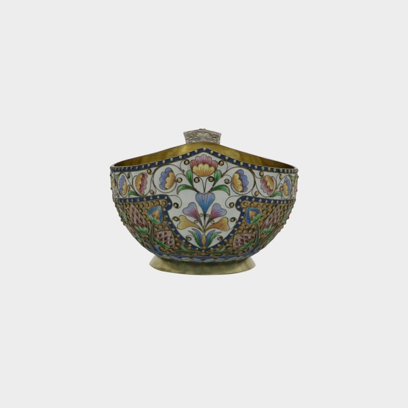 Russian enamel kovsh by Pavel Ovchinnikov, silver-gilt kovsh of traditional form enameled in varicolored cloisonne enamel