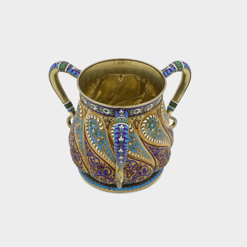 Russian enamel vase by Antip Kuzmichev, silver-gilt, with three handles enameled in varicolored cloisonne enamel