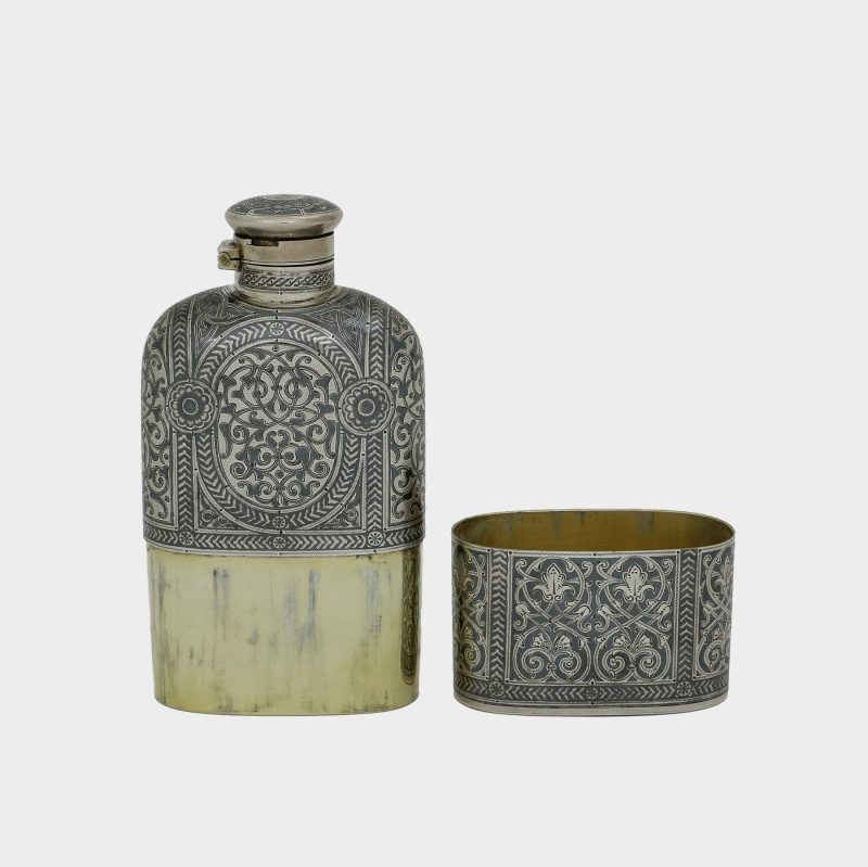 flask by Antip Kuzmichev, retailed by Tiffany, compressed oval form, detachable base forming a beaker
