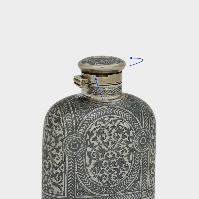 Russian silver flask by Antip Kuzmichev, retailed by Tiffany, compressed oval form, detachable base forming a beaker