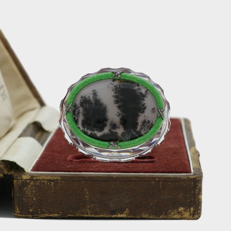 Russian rock crystal desk seal by Karl Hahn in original box, top set with oval panel of moss agate with enamel