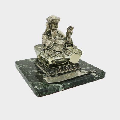 Russian silver and cut-glass inkwell by 1st Kiev Artel, hinged cover cast as seated figure of Nestor the Chronicler