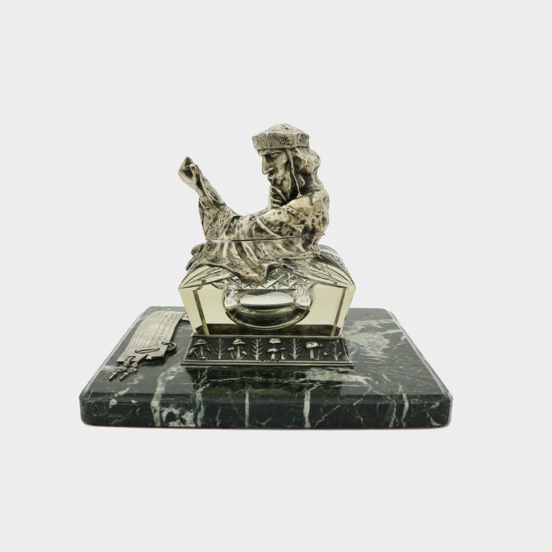 Russian silver and cut-glass inkwell by 1st Kiev Artel, hinged cover cast as seated figure of Nestor the Chronicler