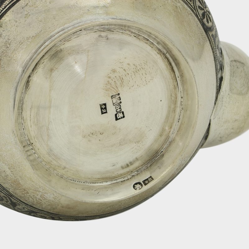 close-up of hallmarks on bottom of coffee pot from silver coffee set, 7 piece silver niello set with views of Moscow