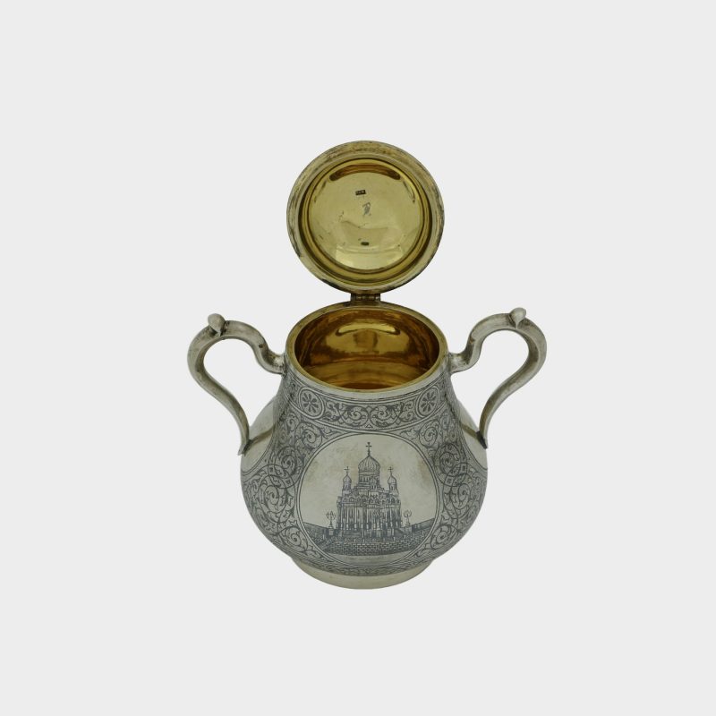 sugar bowl from Russian silver tea set with gilded lid open, 7 piece silver niello set depicting views of Moscow