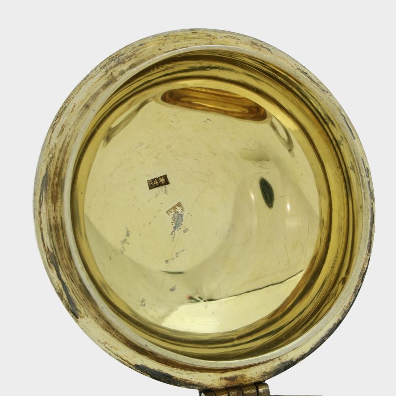 close-up of hallmarks on gilded lid of sugar bowl from Russian silver tea set, 7 piece niello set with views of Moscow