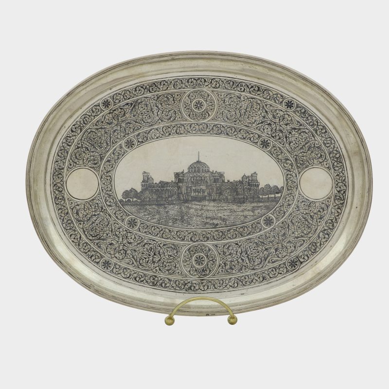 niello tray from Russian silver tea set, seven piece niello set with circular roundels depicting views of Moscow
