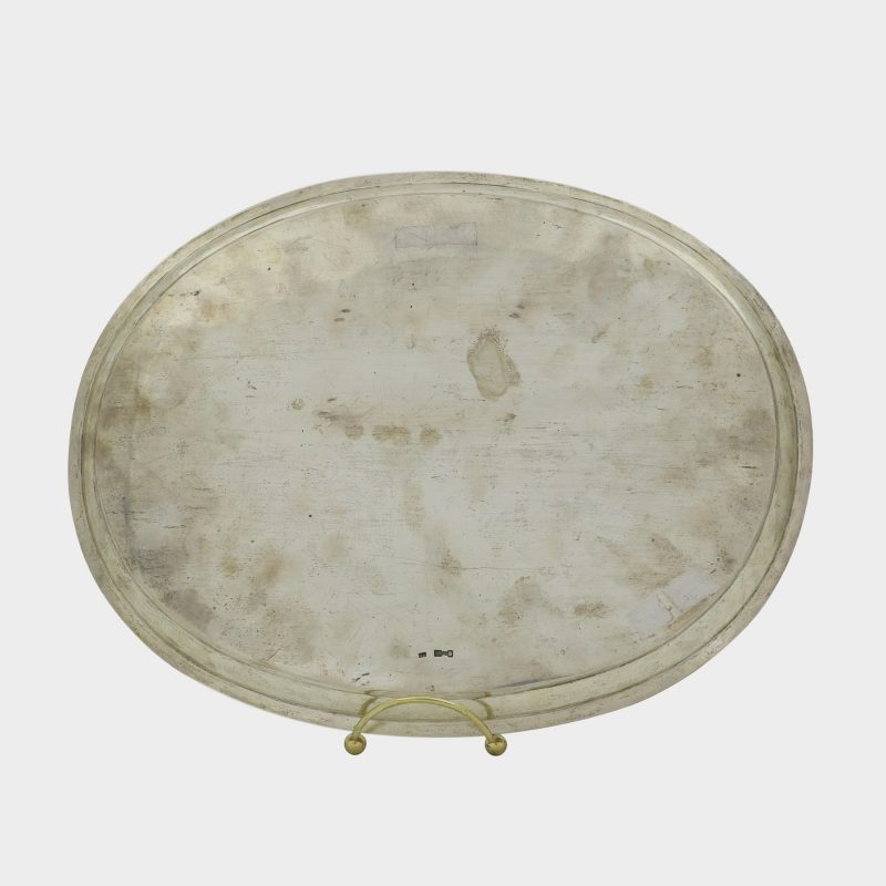 rear side of niello tray from silver coffee set, 7 piece silver niello set with roundels depicting views of Moscow