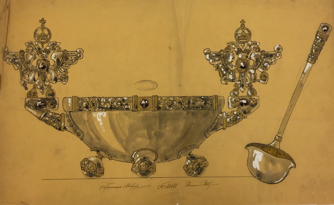 Faberge design drawing of a Russian silver dish