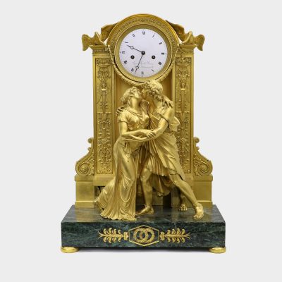 Claude Galle (Attributed) Empire gilt-bronze clock on marble base modeled as couple embracing each other