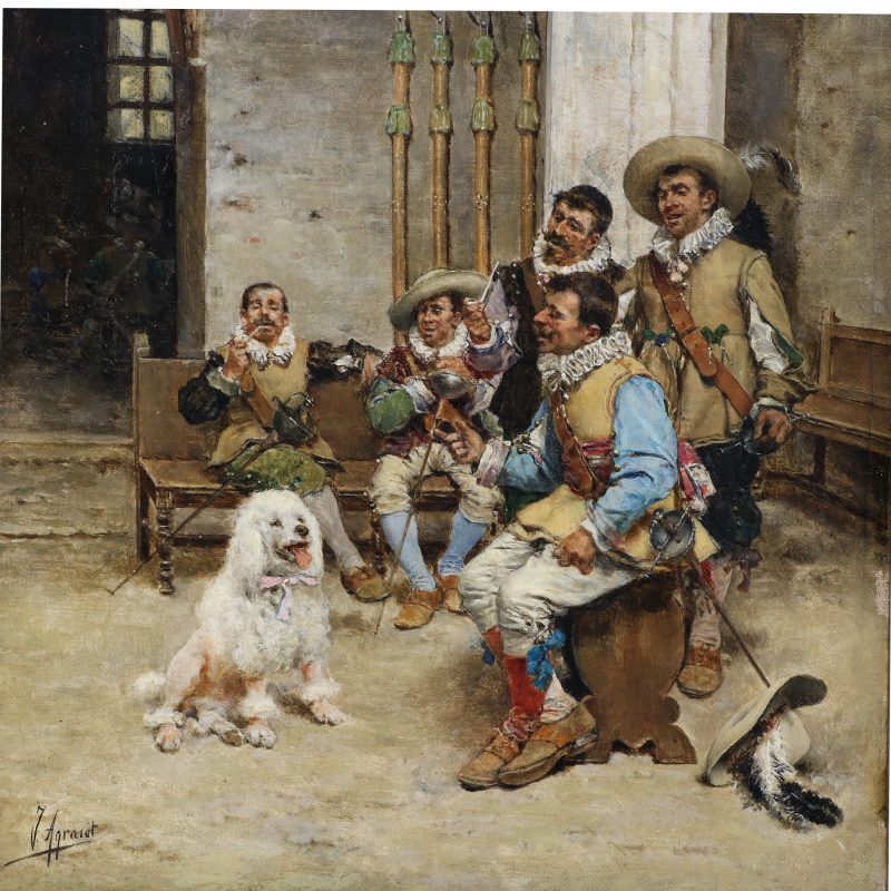 close-up of Joaquin Agrasot painting called "pet of regiment" depicting white poodle sitting in front of spanish soldiers