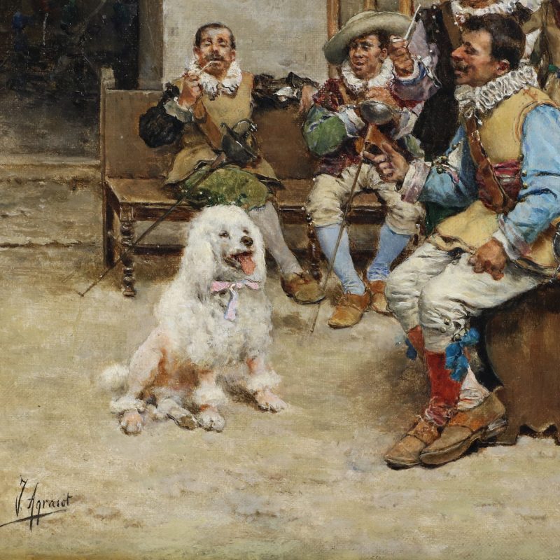 signature on Joaquin Agrasot painting called "pet of regiment" depicting white poodle sitting in front of spanish soldiers