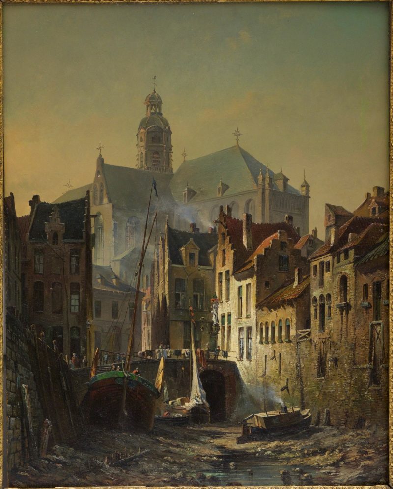 close-up of painting by Marinus Van Raden, (1832-1879), depicting view of Dutch city with boats on ground and buildings