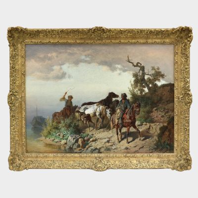 Austrian painting by Adolph van der Venne depicting two mounted riders with horses