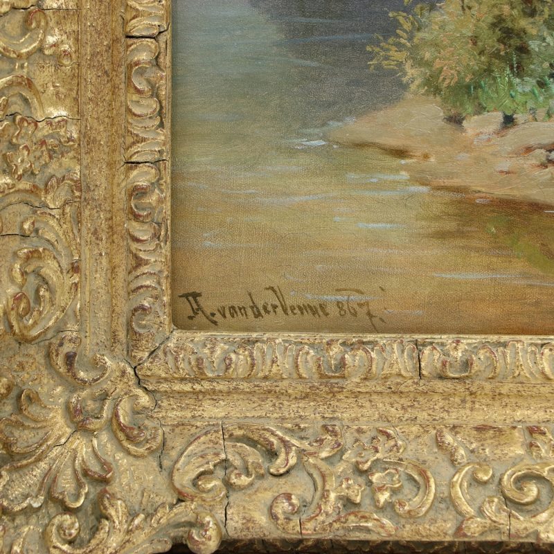 close-up of signature on Austrian painting by Adolph van der Venne depicting two mounted riders with horses